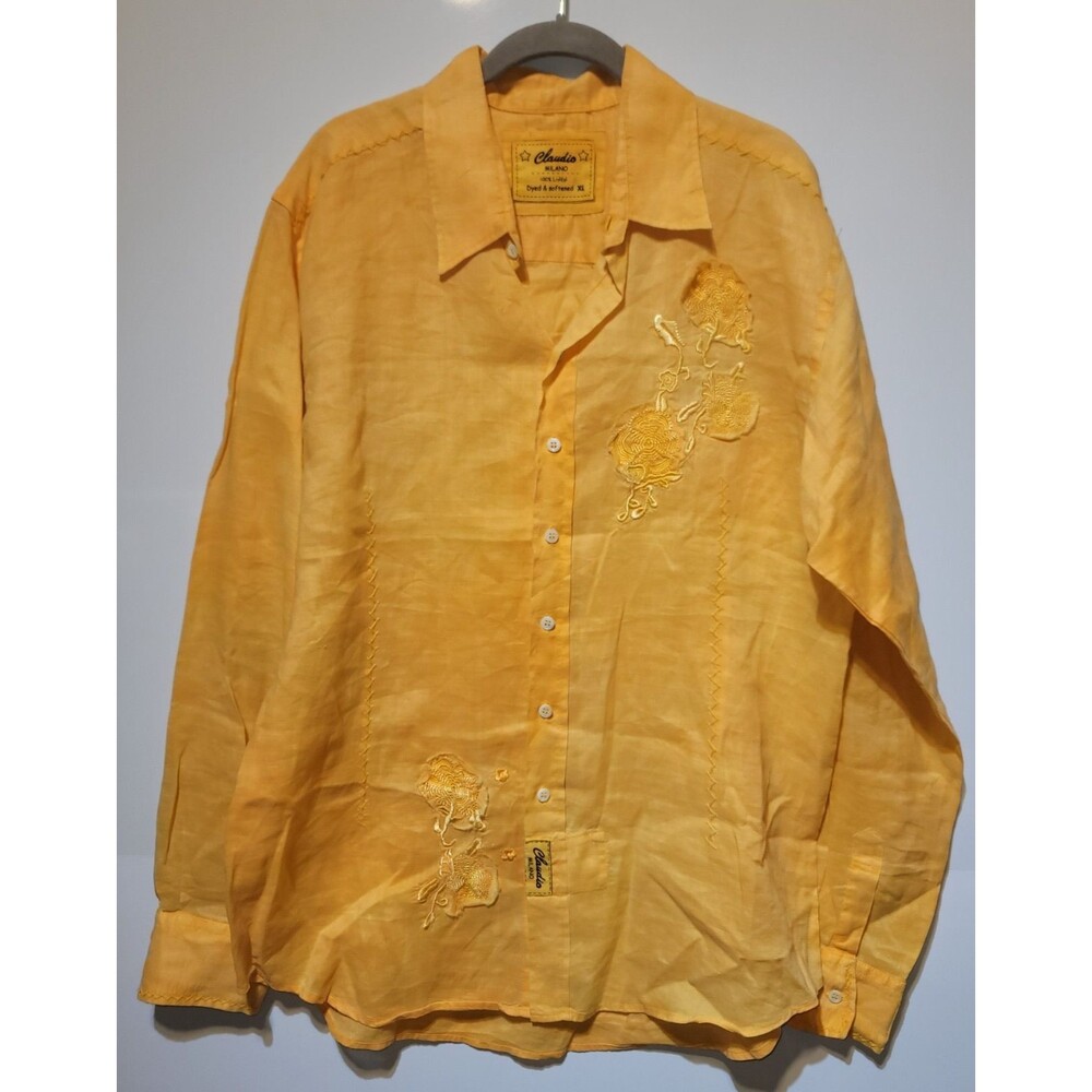 Claudio Milano Orange 100% Linen Embroidered Resortwear Shirt Men's Size XL